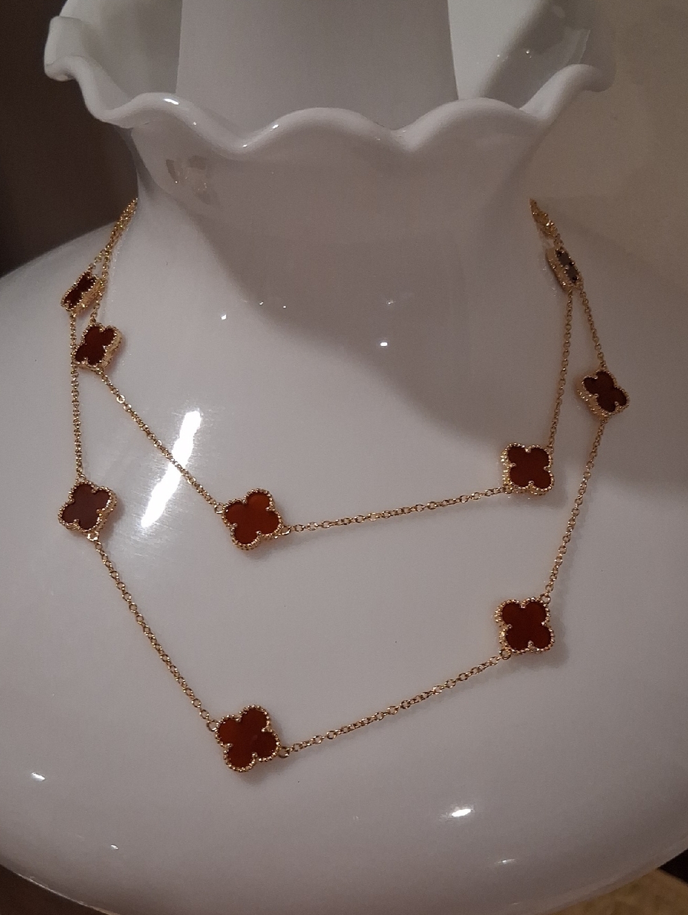 Goldtone  Necklace with Red Clover Motifs Sterling Silver